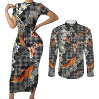 Black Palaka Hawaiian And Japanese Couples Matching Short Sleeve Bodycon Dress and Long Sleeve Button Shirt Sakura Lei With Koi Fish - Polynesian Pride