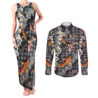 Black Palaka Hawaiian And Japanese Couples Matching Tank Maxi Dress and Long Sleeve Button Shirt Sakura Lei With Koi Fish - Polynesian Pride
