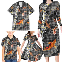 Black Palaka Hawaiian And Japanese Family Matching Long Sleeve Bodycon Dress and Hawaiian Shirt Sakura Lei With Koi Fish - Polynesian Pride