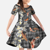 Black Palaka Hawaiian And Japanese Family Matching Off The Shoulder Long Sleeve Dress and Hawaiian Shirt Sakura Lei With Koi Fish - Polynesian Pride