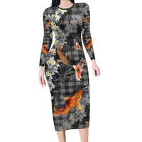 Black Palaka Hawaiian And Japanese Long Sleeve Bodycon Dress Sakura Lei With Koi Fish DT05 Long Dress Black - Polynesian Pride