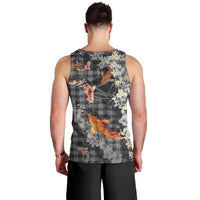 Black Palaka Hawaiian And Japanese Men Tank Top Sakura Lei With Koi Fish - Polynesian Pride
