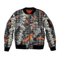 Black Palaka Hawaiian And Japanese Sleeve Zip Bomber Jacket Sakura Lei With Koi Fish DT05 Unisex Black - Polynesian Pride