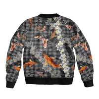 Black Palaka Hawaiian And Japanese Sleeve Zip Bomber Jacket Sakura Lei With Koi Fish DT05 - Polynesian Pride