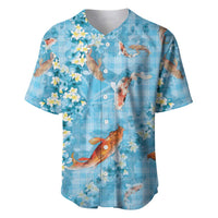 Blue Palaka Hawaiian And Japanese Baseball Jersey Sakura Lei With Koi Fish DT05 Blue - Polynesian Pride