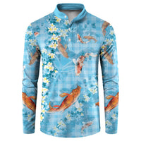 Blue Palaka Hawaiian And Japanese Button Sweatshirt Sakura Lei With Koi Fish - Polynesian Pride