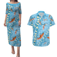 Blue Palaka Hawaiian And Japanese Couples Matching Puletasi and Hawaiian Shirt Sakura Lei With Koi Fish - Polynesian Pride