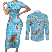 Blue Palaka Hawaiian And Japanese Couples Matching Short Sleeve Bodycon Dress and Long Sleeve Button Shirt Sakura Lei With Koi Fish - Polynesian Pride