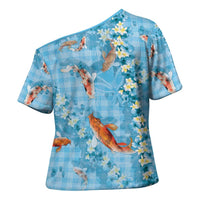 Blue Palaka Hawaiian And Japanese Cross Shoulder Shirt Sakura Lei With Koi Fish - Polynesian Pride
