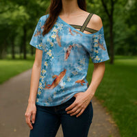 Blue Palaka Hawaiian And Japanese Cross Shoulder Shirt Sakura Lei With Koi Fish - Polynesian Pride