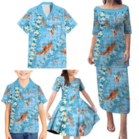 Blue Palaka Hawaiian And Japanese Family Matching Puletasi and Hawaiian Shirt Sakura Lei With Koi Fish - Polynesian Pride
