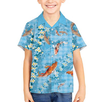 Blue Palaka Hawaiian And Japanese Family Matching Summer Maxi Dress and Hawaiian Shirt Sakura Lei With Koi Fish - Polynesian Pride