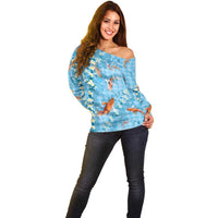 Blue Palaka Hawaiian And Japanese Off Shoulder Sweater Sakura Lei With Koi Fish DT05 - Polynesian Pride