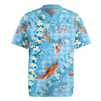 Blue Palaka Hawaiian And Japanese Rugby Jersey Sakura Lei With Koi Fish DT05 Blue - Polynesian Pride
