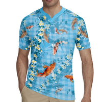 Blue Palaka Hawaiian And Japanese Rugby Jersey Sakura Lei With Koi Fish DT05 - Polynesian Pride