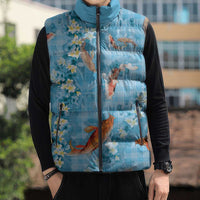 Blue Palaka Hawaiian And Japanese Sleeveless Puffer Jacket Sakura Lei With Koi Fish DT05 - Polynesian Pride