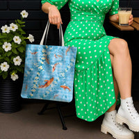 Blue Palaka Hawaiian And Japanese Tote Bag Sakura Lei With Koi Fish DT05 - Polynesian Pride