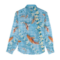 Blue Palaka Hawaiian And Japanese Women Casual Shirt Sakura Lei With Koi Fish DT05 - Polynesian Pride