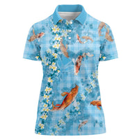 Blue Palaka Hawaiian And Japanese Women Polo Shirt Sakura Lei With Koi Fish DT05 Female Blue - Polynesian Pride