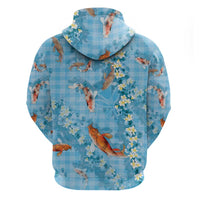 Blue Palaka Hawaiian And Japanese Zip Hoodie Sakura Lei With Koi Fish - Polynesian Pride