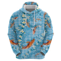 Blue Palaka Hawaiian And Japanese Zip Hoodie Sakura Lei With Koi Fish - Polynesian Pride
