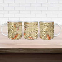 Beige Palaka Hawaiian And Japanese Ceramic Mug Sakura Lei With Koi Fish - Polynesian Pride