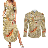 Beige Palaka Hawaiian And Japanese Couples Matching Summer Maxi Dress and Long Sleeve Button Shirt Sakura Lei With Koi Fish - Polynesian Pride