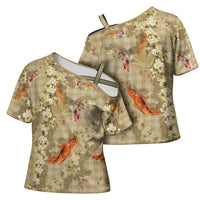 Beige Palaka Hawaiian And Japanese Cross Shoulder Shirt Sakura Lei With Koi Fish - Polynesian Pride