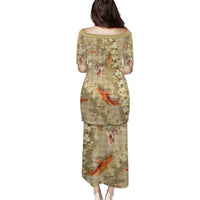 Beige Palaka Hawaiian And Japanese Family Matching Puletasi and Hawaiian Shirt Sakura Lei With Koi Fish - Polynesian Pride