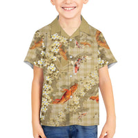 Beige Palaka Hawaiian And Japanese Hawaiian Shirt Sakura Lei With Koi Fish - Polynesian Pride