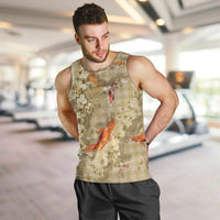 Beige Palaka Hawaiian And Japanese Men Tank Top Sakura Lei With Koi Fish - Polynesian Pride