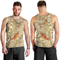 Beige Palaka Hawaiian And Japanese Men Tank Top Sakura Lei With Koi Fish - Polynesian Pride