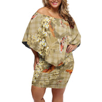 Beige Palaka Hawaiian And Japanese Off Shoulder Short Dress Sakura Lei With Koi Fish DT05 Women Beige - Polynesian Pride