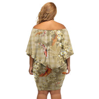Beige Palaka Hawaiian And Japanese Off Shoulder Short Dress Sakura Lei With Koi Fish DT05 - Polynesian Pride
