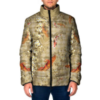 Beige Palaka Hawaiian And Japanese Padded Jacket Sakura Lei With Koi Fish - Polynesian Pride