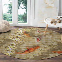 Beige Palaka Hawaiian And Japanese Round Carpet Sakura Lei With Koi Fish DT05 - Polynesian Pride