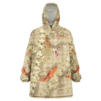 Beige Palaka Hawaiian And Japanese Wearable Blanket Hoodie Sakura Lei With Koi Fish DT05 One Size Beige - Polynesian Pride