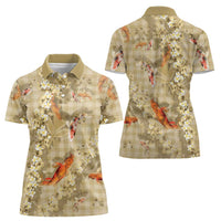 Beige Palaka Hawaiian And Japanese Women Polo Shirt Sakura Lei With Koi Fish - Polynesian Pride