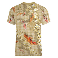Beige Palaka Hawaiian And Japanese Women V-Neck T-Shirt Sakura Lei With Koi Fish - Polynesian Pride