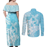 Hawaii Kanaka Maoli Couples Matching Off Shoulder Maxi Dress and Long Sleeve Button Shirt Polynesian Turtle Tattoo