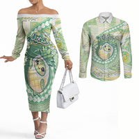 Hawaii Pineapple Couples Matching Off The Shoulder Long Sleeve Dress and Long Sleeve Button Shirt Cute Cosplay Turtle Plumeria Spiral DT05 Mint - Polynesian Pride