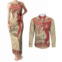 Tonga Language Week Couples Matching Tank Maxi Dress and Long Sleeve Button Shirt Tribal Cross Ngatu Floral Pattern