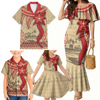 Tonga Language Week Family Matching Mermaid Dress and Hawaiian Shirt Tribal Cross Ngatu Floral Pattern DT05 - Polynesian Pride