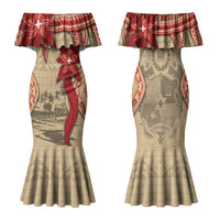 Tonga Language Week Family Matching Mermaid Dress and Hawaiian Shirt Tribal Cross Ngatu Floral Pattern DT05 Mom's Dress Red - Polynesian Pride