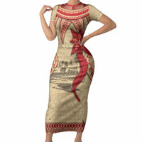 Tonga Language Week Short Sleeve Bodycon Dress Tribal Cross Ngatu Floral Pattern
