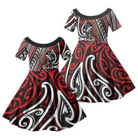 Personalised Maori Language Week Family Matching Off Shoulder Maxi Dress and Hawaiian Shirt Ake Ake Ake Tribal Patterns DT05 Daughter's Dress Red - Polynesian Pride