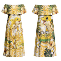 Hawaii Banana Dolphin Family Matching Off Shoulder Maxi Dress and Hawaiian Shirt Cute Cosplay Naiʻa Fish Tribal Patterns DT05 Mom's Dress Yellow - Polynesian Pride