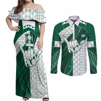 Custom Hawaii Volleyball Couples Matching Off Shoulder Maxi Dress and Long Sleeve Button Shirt Shaka Aloha Hand