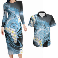 Piko Hawaiian Couples Matching Long Sleeve Bodycon Dress and Hawaiian Shirt Blue Galaxy Spiral Plumeria Tribal Patterns DT05 Blue - Polynesian Pride