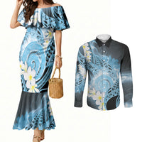 Piko Hawaiian Couples Matching Mermaid Dress and Long Sleeve Button Shirt Blue Galaxy Spiral Plumeria Tribal Patterns DT05 Blue - Polynesian Pride